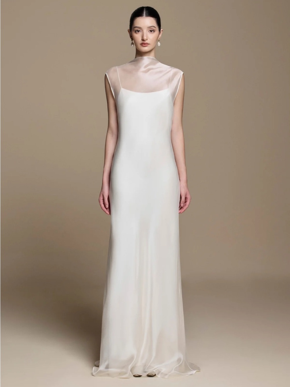 Sheer Yoke Ivory Bridal Column Gown